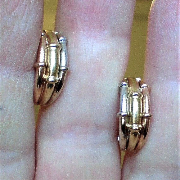 Designer Tri Color 14K Rose Yellow White Gold Bamboo Design Omega Back Earrings - Picture 3 of 7